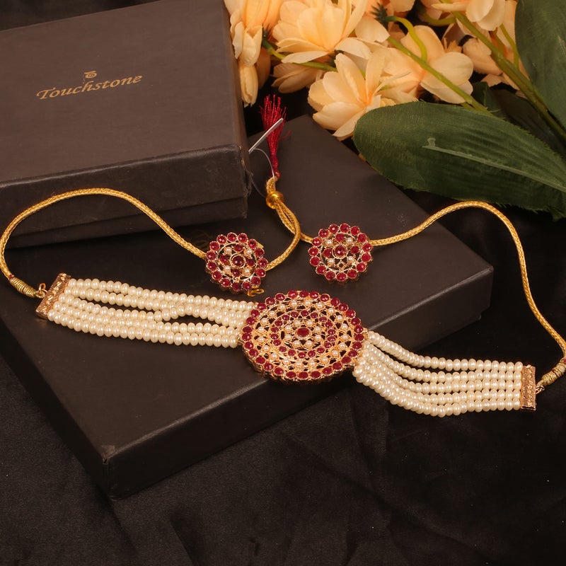 Touchstone "Padmavati Collection Indian bollywood traditional faux ruby red rhinestones and faux pearls grand designer jewelry choker necklace set in gold tone for women. - Image 5